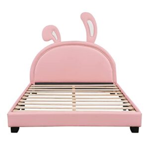 Merax Full Size Upholstered Leather Platform Bed with Bunny Ears Headboard, Platform Bed Frame with Rabbit Ornament for Kids, Child's Bedroom, No Box Spring Needed, Pink