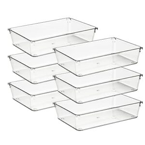 ravinte 6 pack drawer organizer - 6" x 9" plastic storage bins, acrylic organizers with non-slip pads clear desk storage tray for makeup, jewelries, kitchen utensils, bathroom and office