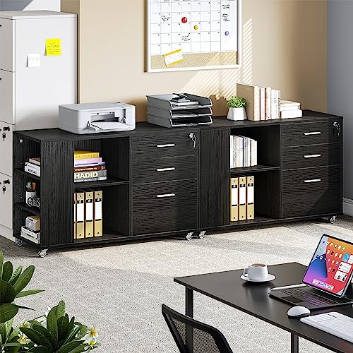 YITAHOME Mobile Wood File Cabinet, 3 Drawer Lateral Filing Cabinet, Black