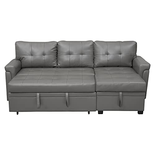 Naomi Home Diora Sectional Sleeper Sofa - Elegant L-Shaped Couch Convertible Pull-Out Bed, Ample Storage, Timeless Design, Sturdy Construction, Long-Lasting for Modern Living, Air Leather, Gray