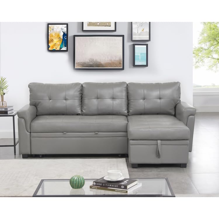 Naomi Home Diora Sectional Sleeper Sofa - Elegant L-Shaped Couch Convertible Pull-Out Bed, Ample Storage, Timeless Design, Sturdy Construction, Long-Lasting for Modern Living, Air Leather, Gray