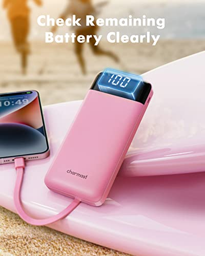 Portable Charger with Built in Cables, Portable Charger with Cords Wires Slim 10000mAh Travel Essentials Battery Pack 6 Outputs 3A High Speed Power Bank for iPhone Samsung Pixel LG Moto iPad