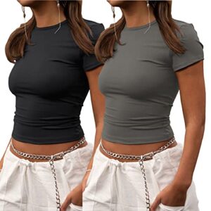 zhenwei 2 piece women's workout gym compression shirts cute basic cap sleeve slim fitted crop tee top black&grey s