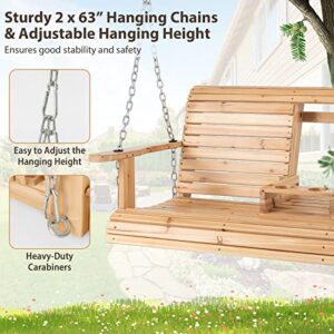 Tangkula 2 Person Hanging Porch Swing, Outdoor Bench Swing with Adjustable Chains, Foldable Cup Holders, High Back, Cozy Armrests, Wooden Hanging Swing Chair for Backyard Deck Garden Natural