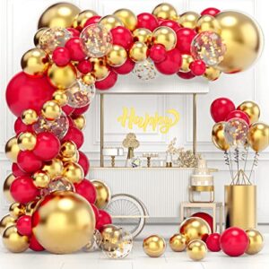 red and gold balloons garland arch kit, 122pcs 18 12 10 5in red metallic gold and gold confetti balloons with balloon strip for graduation anniversary wedding bachelorette birthday party decorations