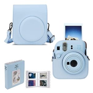 solid color instant camera case compatible with fujifilm instax mini 12 instant camera -mini 12 camera case pu leather bag with pocket and adjustable shoulder strap and 64 pocket album (sky blue)