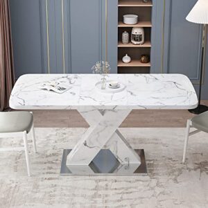 pvillez extendable dining table, dining table for 4-6 people, modern dining table with white marble top and crossed legs pedestal base, rectangular kitchen table for dining room kitchen living room