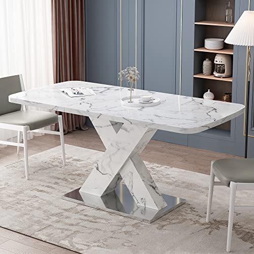Pvillez Extendable Dining Table, Dining Table for 4-6 People, Modern Dining Table with White Marble Top and Crossed Legs Pedestal Base, Rectangular Kitchen Table for Dining Room Kitchen Living Room