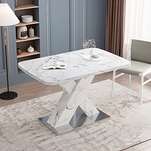 Pvillez Extendable Dining Table, Dining Table for 4-6 People, Modern Dining Table with White Marble Top and Crossed Legs Pedestal Base, Rectangular Kitchen Table for Dining Room Kitchen Living Room