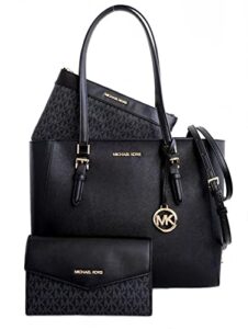 michael kors charlotte large 3-in-1 tote crossbody handbag leather (black)