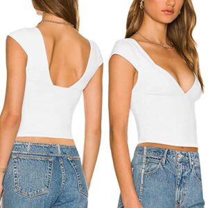 women's backless crop tops sexy deep-v neck short sleeve y2k t-shirts summer slim-fit cami crop tops (white,l)