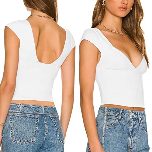 Women's Backless Crop Tops Sexy Deep-V Neck Short Sleeve Y2K T-Shirts Summer Slim-Fit Cami Crop Tops (White,L)