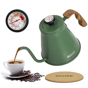 ecuze gooseneck kettle with thermometer for stove top, 40oz coffee kettle, premium food grade stainless steel, works on stove and any heat source, pour over kettle for tea and coffee (blackish green)