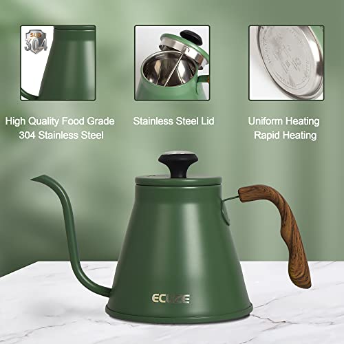 ECUZE Gooseneck Kettle With Thermometer for Stove Top, 40oz Coffee Kettle, Premium Food Grade Stainless Steel, Works On Stove And Any Heat Source, Pour Over Kettle for Tea and Coffee (blackish green)