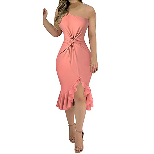 Maxi Dresses for Women,2023Spring Summer Sexy One Shoulder Sleeveles Satin Cocktail Dresses, Trendy Ruched Bodycon Ruffle Dresses, Sexy Guest Party Evening Dresses(Pink,L)