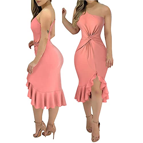 Maxi Dresses for Women,2023Spring Summer Sexy One Shoulder Sleeveles Satin Cocktail Dresses, Trendy Ruched Bodycon Ruffle Dresses, Sexy Guest Party Evening Dresses(Pink,L)