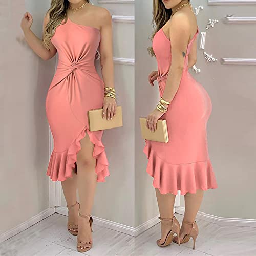 Maxi Dresses for Women,2023Spring Summer Sexy One Shoulder Sleeveles Satin Cocktail Dresses, Trendy Ruched Bodycon Ruffle Dresses, Sexy Guest Party Evening Dresses(Pink,L)