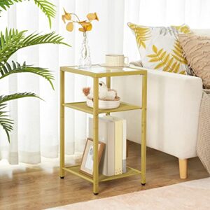HOOBRO Side Table, 3-Tier Slim Nightstand with Storage Shelves, Modern End Table, Tempered Glass Bedside Table, for Living Room, Bedroom, Gold GD77BZ01