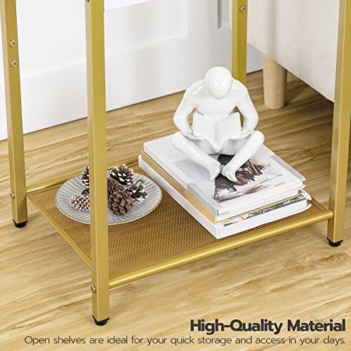 HOOBRO Side Table, 3-Tier Slim Nightstand with Storage Shelves, Modern End Table, Tempered Glass Bedside Table, for Living Room, Bedroom, Gold GD77BZ01