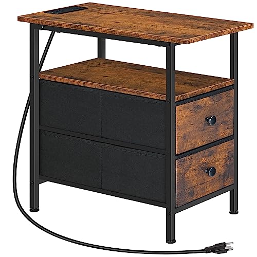 HOOBRO End Table with Charging Station, Narrow Side Table, Nightstand with 2 Non-Woven Drawers, Slim Sofa Side Table, for Small Spaces, Living Room, Bedroom, Rustic Brown and Black BF486UBZ01