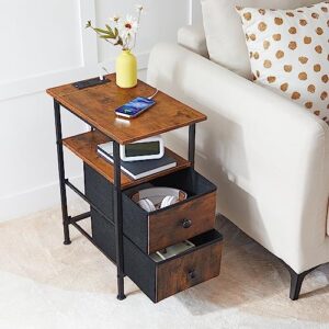 HOOBRO End Table with Charging Station, Narrow Side Table, Nightstand with 2 Non-Woven Drawers, Slim Sofa Side Table, for Small Spaces, Living Room, Bedroom, Rustic Brown and Black BF486UBZ01
