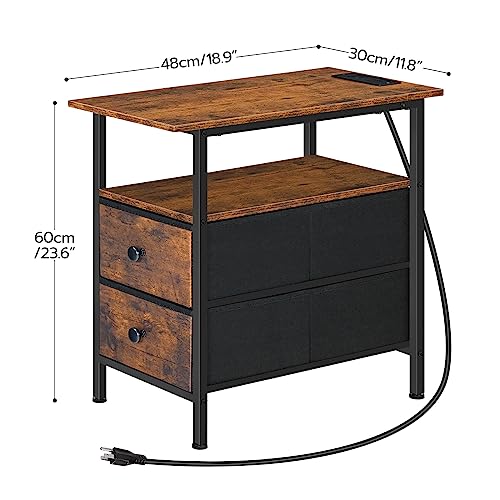 HOOBRO End Table with Charging Station, Narrow Side Table, Nightstand with 2 Non-Woven Drawers, Slim Sofa Side Table, for Small Spaces, Living Room, Bedroom, Rustic Brown and Black BF486UBZ01