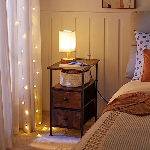 HOOBRO End Table with Charging Station, Narrow Side Table, Nightstand with 2 Non-Woven Drawers, Slim Sofa Side Table, for Small Spaces, Living Room, Bedroom, Rustic Brown and Black BF486UBZ01