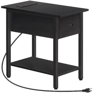 hoobro side table with charging station, narrow end table, bedside table, sofa side table with drawer, 2-tier coffee table, space saving, for living room, bedroom, study, black bk041ubz01