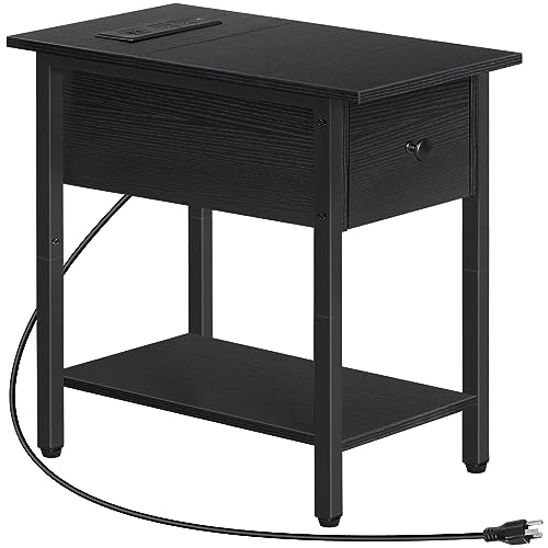 HOOBRO Side Table with Charging Station, Narrow End Table, Bedside Table, Sofa Side Table with Drawer, 2-Tier Coffee Table, Space Saving, for Living Room, Bedroom, Study, Black BK041UBZ01