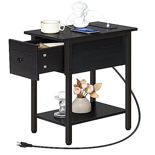 HOOBRO Side Table with Charging Station, Narrow End Table, Bedside Table, Sofa Side Table with Drawer, 2-Tier Coffee Table, Space Saving, for Living Room, Bedroom, Study, Black BK041UBZ01