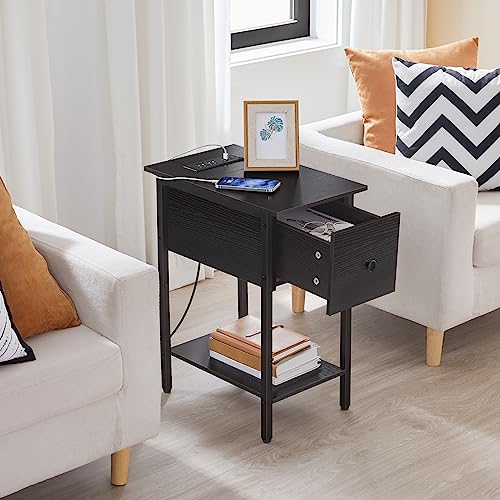 HOOBRO Side Table with Charging Station, Narrow End Table, Bedside Table, Sofa Side Table with Drawer, 2-Tier Coffee Table, Space Saving, for Living Room, Bedroom, Study, Black BK041UBZ01
