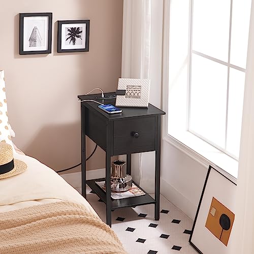 HOOBRO Side Table with Charging Station, Narrow End Table, Bedside Table, Sofa Side Table with Drawer, 2-Tier Coffee Table, Space Saving, for Living Room, Bedroom, Study, Black BK041UBZ01