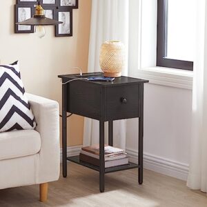 HOOBRO Side Table with Charging Station, Narrow End Table, Bedside Table, Sofa Side Table with Drawer, 2-Tier Coffee Table, Space Saving, for Living Room, Bedroom, Study, Black BK041UBZ01