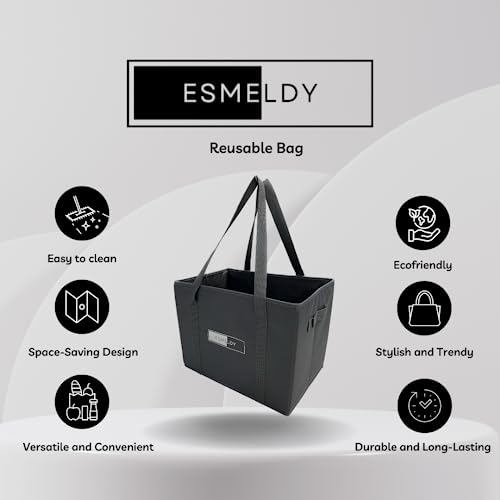 ESMELDY - PRO Reusable Grocery Bags - Reusable Shopping bags for groceries (Kit of 3) grocery tote Bags with Long Handles, Reinforced Bottom and separator, Foldable shopping bag