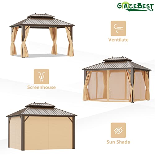 GAZEBEST 10'x12' Hardtop Gazebo Outdoor Aluminum Patio Gazebo Double Roof Galvanized Steel Gazebo Canopy with Netting and Curtains,for Garden Patio,Patio Backyard,Deck and Lawns