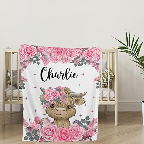 Personalized Baby Blanket for Girls, Pink Flower Farm Cow Baby Blanket, Pink Cow Print Blanket, Baby Gifts for Newborn, Customized Pink Blanket for Baby Girl, Personalized Baby Blankets with Name