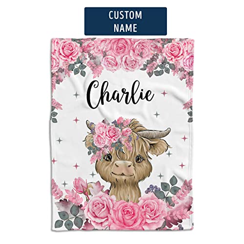 Personalized Baby Blanket for Girls, Pink Flower Farm Cow Baby Blanket, Pink Cow Print Blanket, Baby Gifts for Newborn, Customized Pink Blanket for Baby Girl, Personalized Baby Blankets with Name