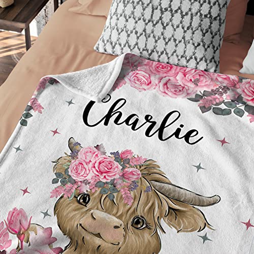 Personalized Baby Blanket for Girls, Pink Flower Farm Cow Baby Blanket, Pink Cow Print Blanket, Baby Gifts for Newborn, Customized Pink Blanket for Baby Girl, Personalized Baby Blankets with Name