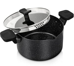 michelangelo pasta pot with strainer lid, 6 quart stock pot with twist and lock handles, nonstick soup pot with granite coating, spaghetti pot induction compatible, black