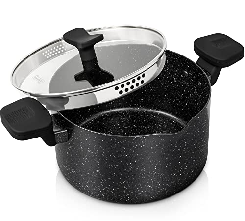 MICHELANGELO Pasta Pot with Strainer Lid, 6 Quart Stock Pot with Twist and Lock Handles, Nonstick Soup Pot with Granite Coating, Spaghetti Pot Induction Compatible, Black