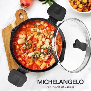 MICHELANGELO Pasta Pot with Strainer Lid, 6 Quart Stock Pot with Twist and Lock Handles, Nonstick Soup Pot with Granite Coating, Spaghetti Pot Induction Compatible, Black