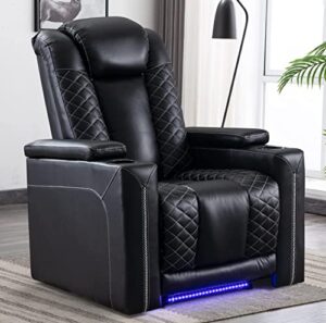 canmov electric power recliner chairs with usb ports and cup holders, breathable faux leather home theater seating recliner with hidden arm storage, ambient lighting, black