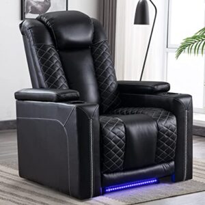 CANMOV Electric Power Recliner Chairs with USB Ports and Cup Holders, Breathable Faux Leather Home Theater Seating Recliner with Hidden Arm Storage, Ambient Lighting, Black