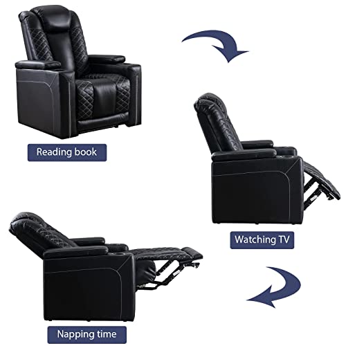 CANMOV Electric Power Recliner Chairs with USB Ports and Cup Holders, Breathable Faux Leather Home Theater Seating Recliner with Hidden Arm Storage, Ambient Lighting, Black