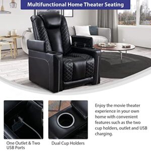 CANMOV Electric Power Recliner Chairs with USB Ports and Cup Holders, Breathable Faux Leather Home Theater Seating Recliner with Hidden Arm Storage, Ambient Lighting, Black