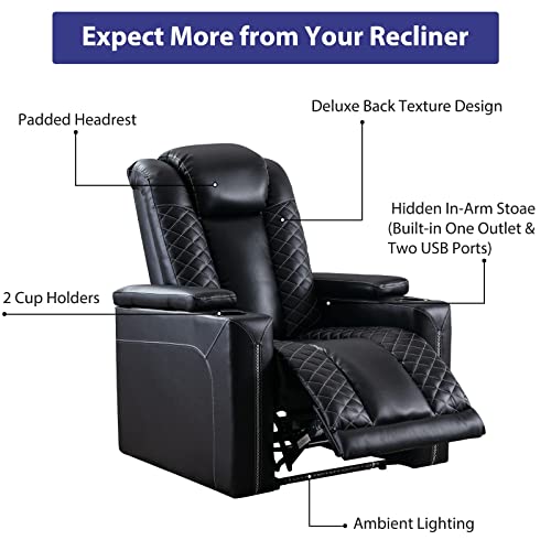 CANMOV Electric Power Recliner Chairs with USB Ports and Cup Holders, Breathable Faux Leather Home Theater Seating Recliner with Hidden Arm Storage, Ambient Lighting, Black