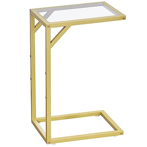 Homhedy C Shaped End Table,Tempered Glass with Metal Frame, Small Side Tables for Living Room, Bedroom, TV Tray Table for Small Space, Modern Style, Golden