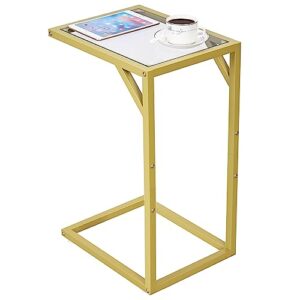 Homhedy C Shaped End Table,Tempered Glass with Metal Frame, Small Side Tables for Living Room, Bedroom, TV Tray Table for Small Space, Modern Style, Golden