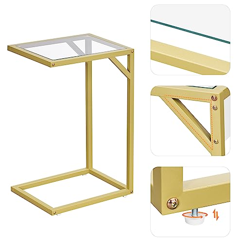 Homhedy C Shaped End Table,Tempered Glass with Metal Frame, Small Side Tables for Living Room, Bedroom, TV Tray Table for Small Space, Modern Style, Golden