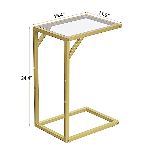 Homhedy C Shaped End Table,Tempered Glass with Metal Frame, Small Side Tables for Living Room, Bedroom, TV Tray Table for Small Space, Modern Style, Golden